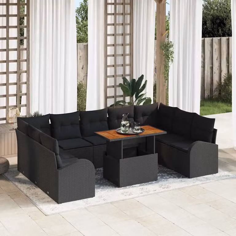 Set Divano da Giardino vidaXL 10 Pezzi in Polyrattan Nero con Cuscini e Struttura in Metallo