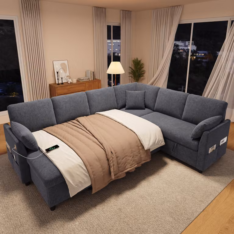 Divano angolare Merax con meccanismo letto, divano 6 posti con chaise longue, spazio contenitivo, porta USB Type-C, tasche laterali, 3 cuscini, divano letto, grigio