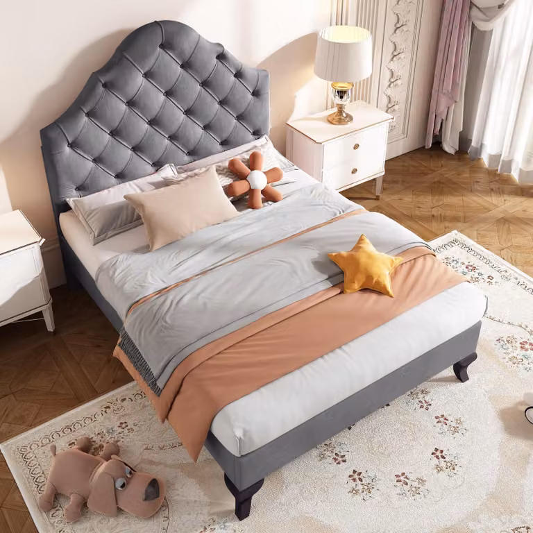 Letto imbottito 90 x 200 cm con rivestimento in velluto e poggiatesta regolabile – Letto per ragazzi con dettagli a bottoni, doghe in legno e piedi di supporto, struttura del letto in grigio