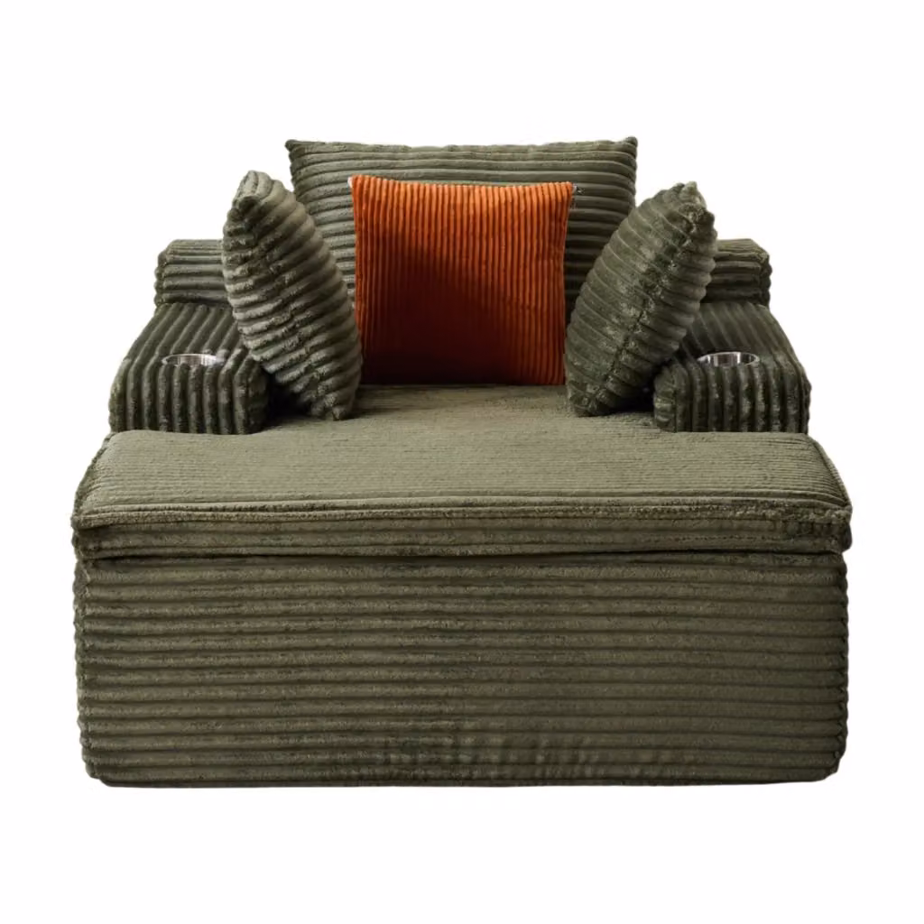 Chaise longue pieghevole in velluto a coste verde con schiuma ad alta densità, cuscini e portabicchieri, L 165 cm x P 112 cm x H 63 cm – 2