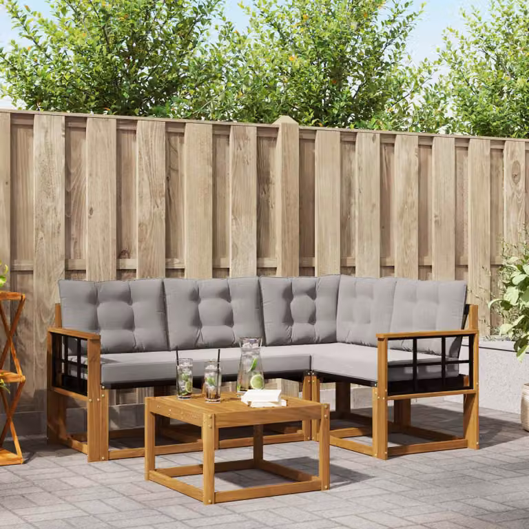 Set di divani da esterno vidaXL a forma di L composto da 5 pezzi con tavolo da caffè, struttura in legno di acacia trattato, colore grigio e marrone
