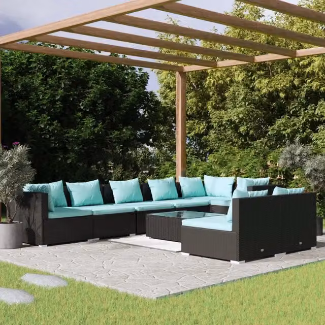 Set di Divani da Giardino a L con Tavolino vidaXL, 9 Pezzi in Polyrattan Nero e Blu con Cuscini Rimovibili – 1