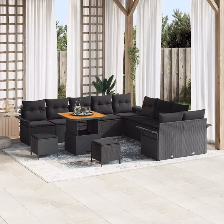 Set Divano da Giardino vidaXL a forma a U composto da 13 pezzi con cuscini e tavolino, colore Nero