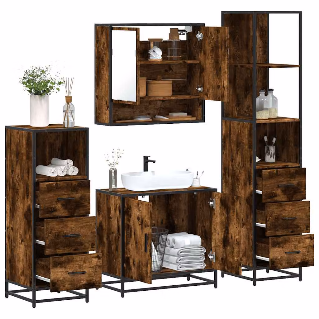 Set di mobili da bagno vidaXL 4 pezzi in stile industriale color marrone con armadietto specchio, mobile lavabo, mobile laterale e colonna alta in legno e metallo