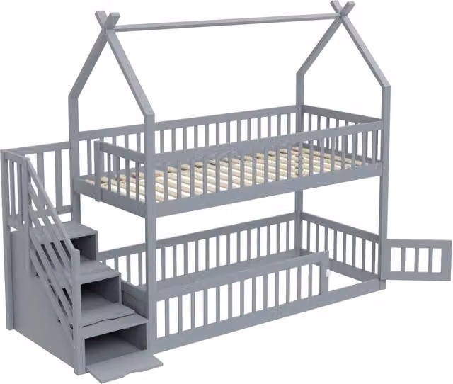Letto a Castello per Bambini 90x200 cm in Legno Massello con Tetto, Scala Sicura e Cassetti Contenitori, Grigio