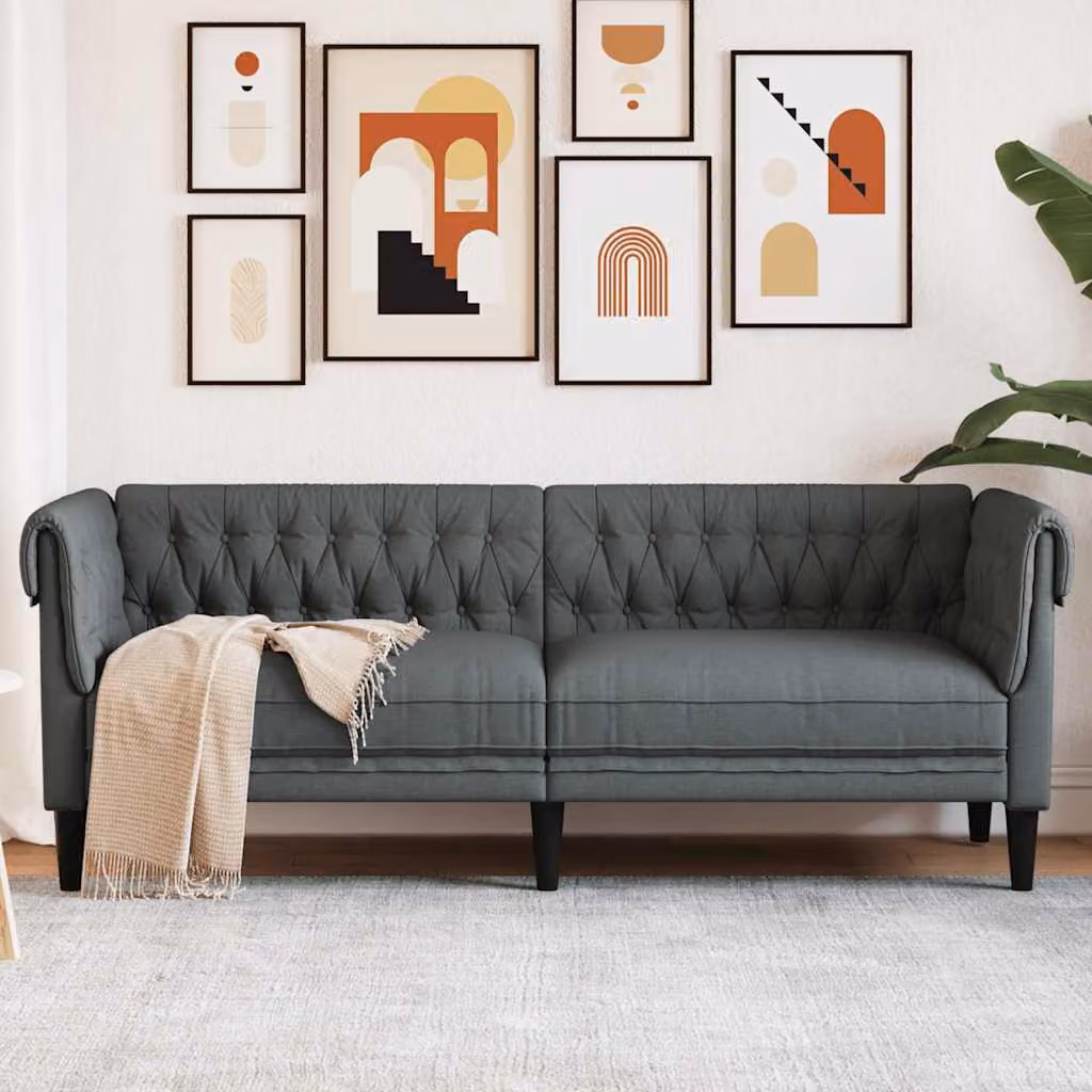 vidaXL Divano Chesterfield a 3 Posti in Tessuto Grigio con Struttura in Legno Massello L: 201,5 cm, P: 74,5 cm, H: 74,5 cm