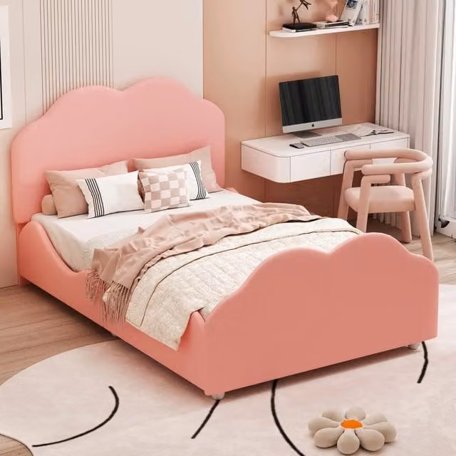 Letto imbottito per bambini Minimal in velluto rosa con testiera a forma di nuvola L/P/H: 200 x 90 x 107,5 cm – 1
