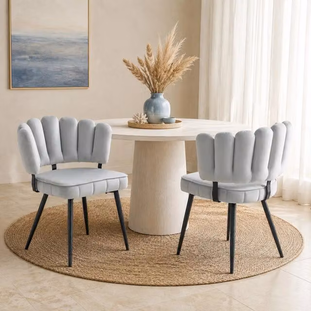 Set 2 sedie da pranzo in velluto grigio chiaro con schienale a ventaglio e gambe nere HAVRYA
