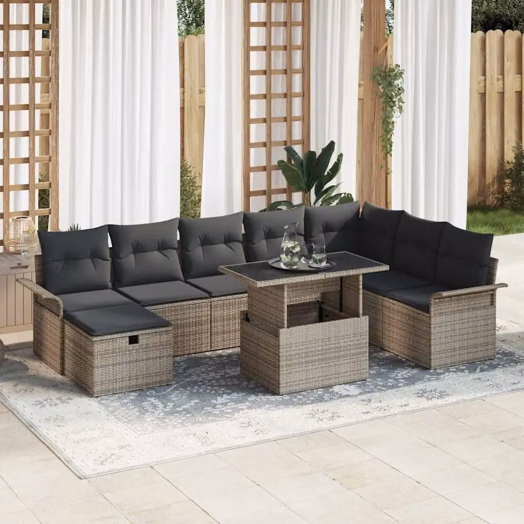 Set Divano da Giardino a L vidaXL in Polyrattan Grigio con Cuscini e Tavolino da Esterno – 1