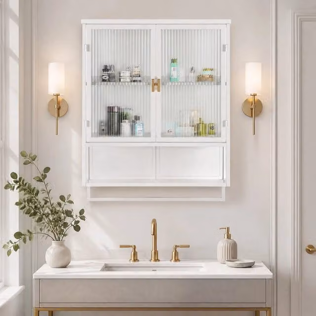 Mobile pensile 60x23x78 cm bianco metallo e vetro, 2 ante e portasciugamani
