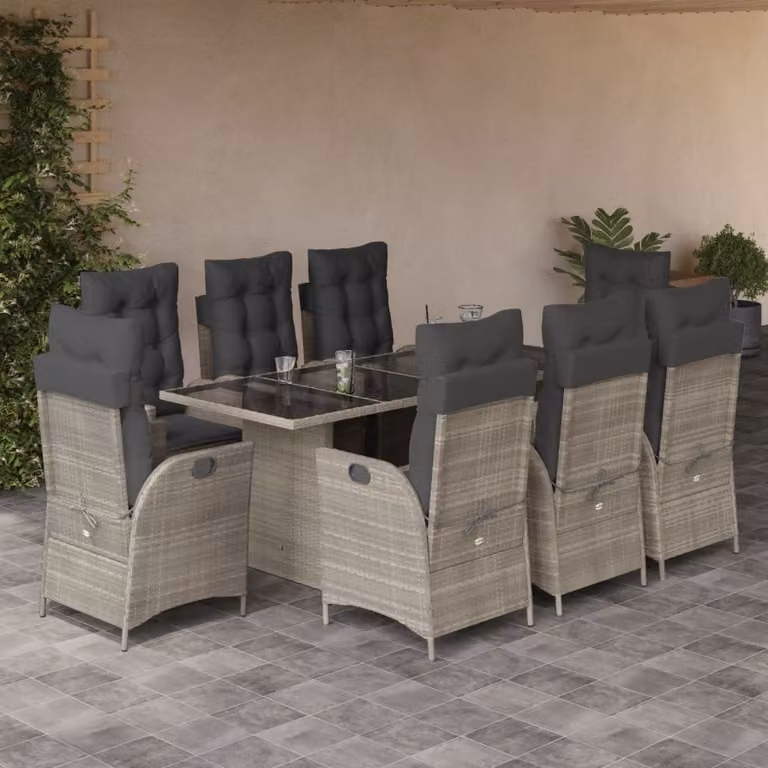 Set Pranzo da Giardino vidaXL in Polyrattan con Cuscini e Tavolo in Vetro, 9 Pezzi, Grigio Antracite