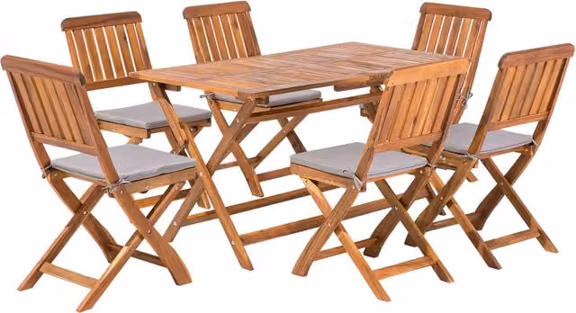 Set da pranzo da giardino Beliani in legno di acacia marrone con 6 sedie pieghevoli e cuscini L: 140 cm, P: 75 cm, H: 75 cm
