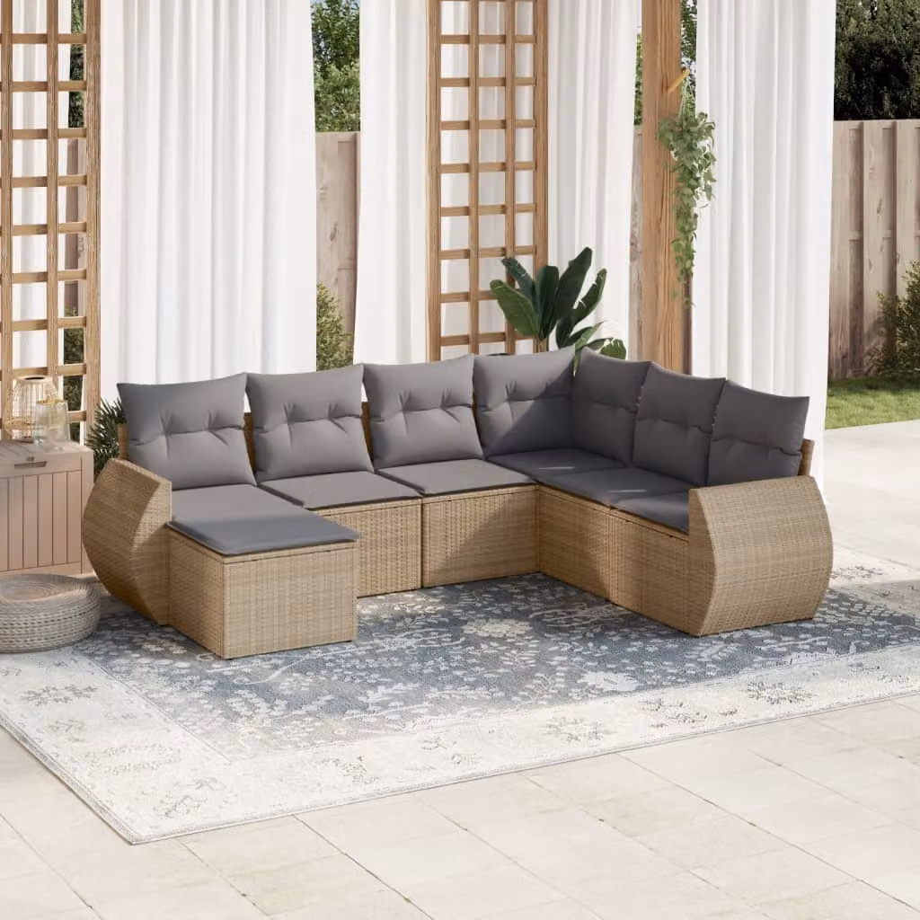 vidaXL Set Divani da Giardino 7 pz a Forma a L in Polyrattan con Cuscini Beige e Grigio – 1