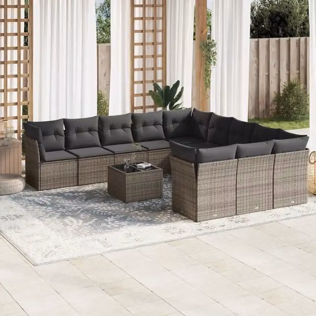 Set di divani da giardino VIDAXL in polyrattan grigio con cuscini, composizione a forma di U per 12 persone – 1
