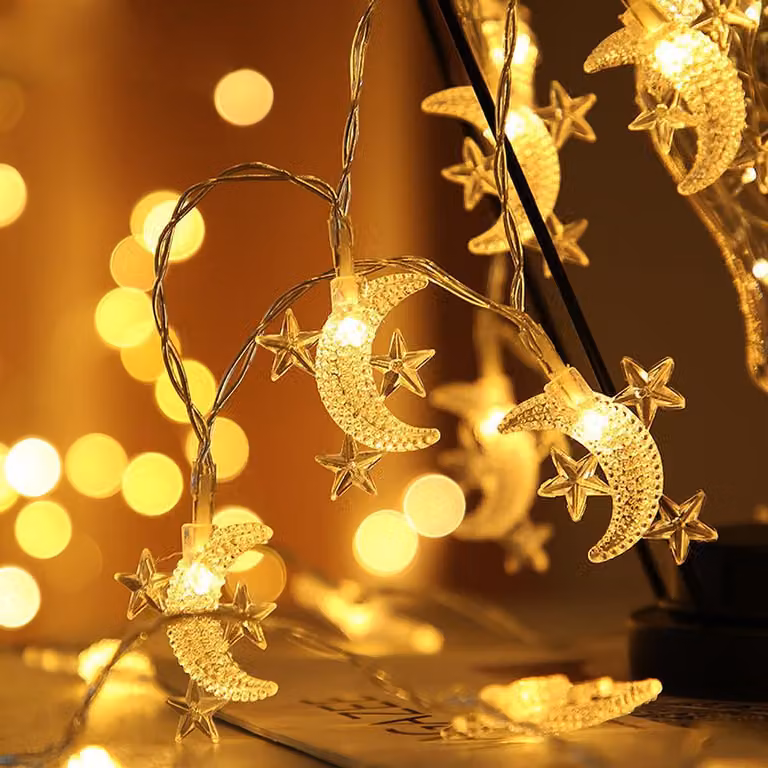 Catena luminosa a forma di luna e stelle, 6 metri, 40 LED, alimentazione USB, luce bianco caldo