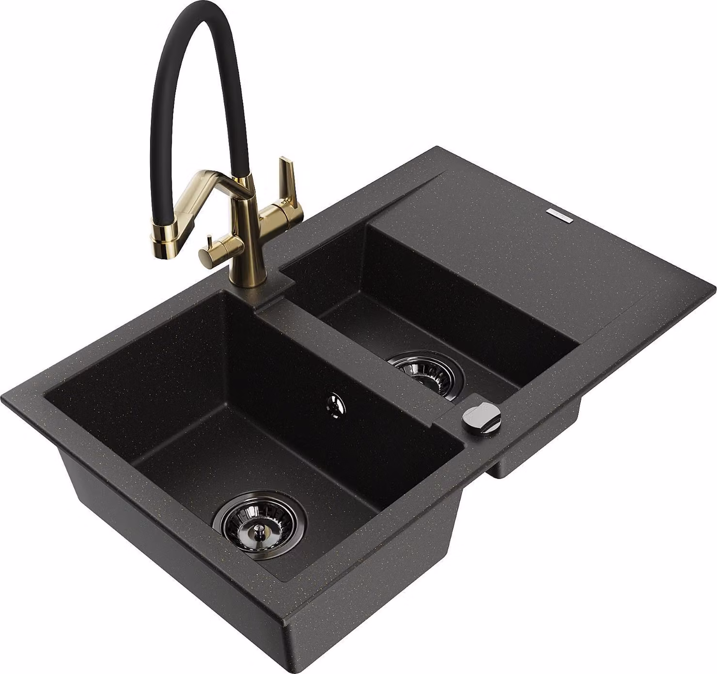 Mexen Gaspar lavello da cucina in granito a 1,5 vasche con scolapiatti e rubinetto Duo, nero/oro metallizzato
