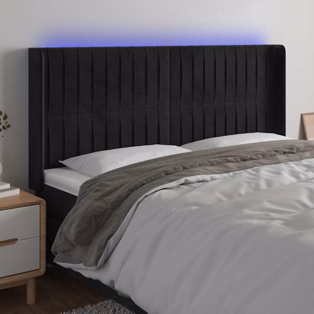 Testiera con LED e porta USB vidaXL in velluto nero, L: 183 cm, P: 16 cm, H: 118/128 cm – 1