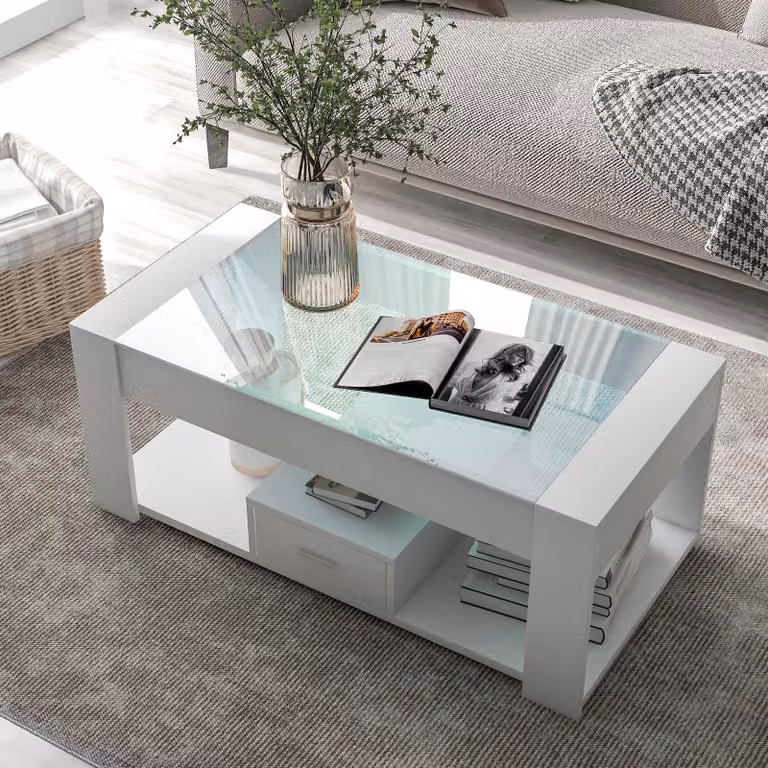 Tavolino da salotto 100 x 50 x 40 cm con piano in vetro, 2 cassetti, vano aperto e spazio contenitivo, realizzato in pannello di particelle di legno (MDF), colore bianco