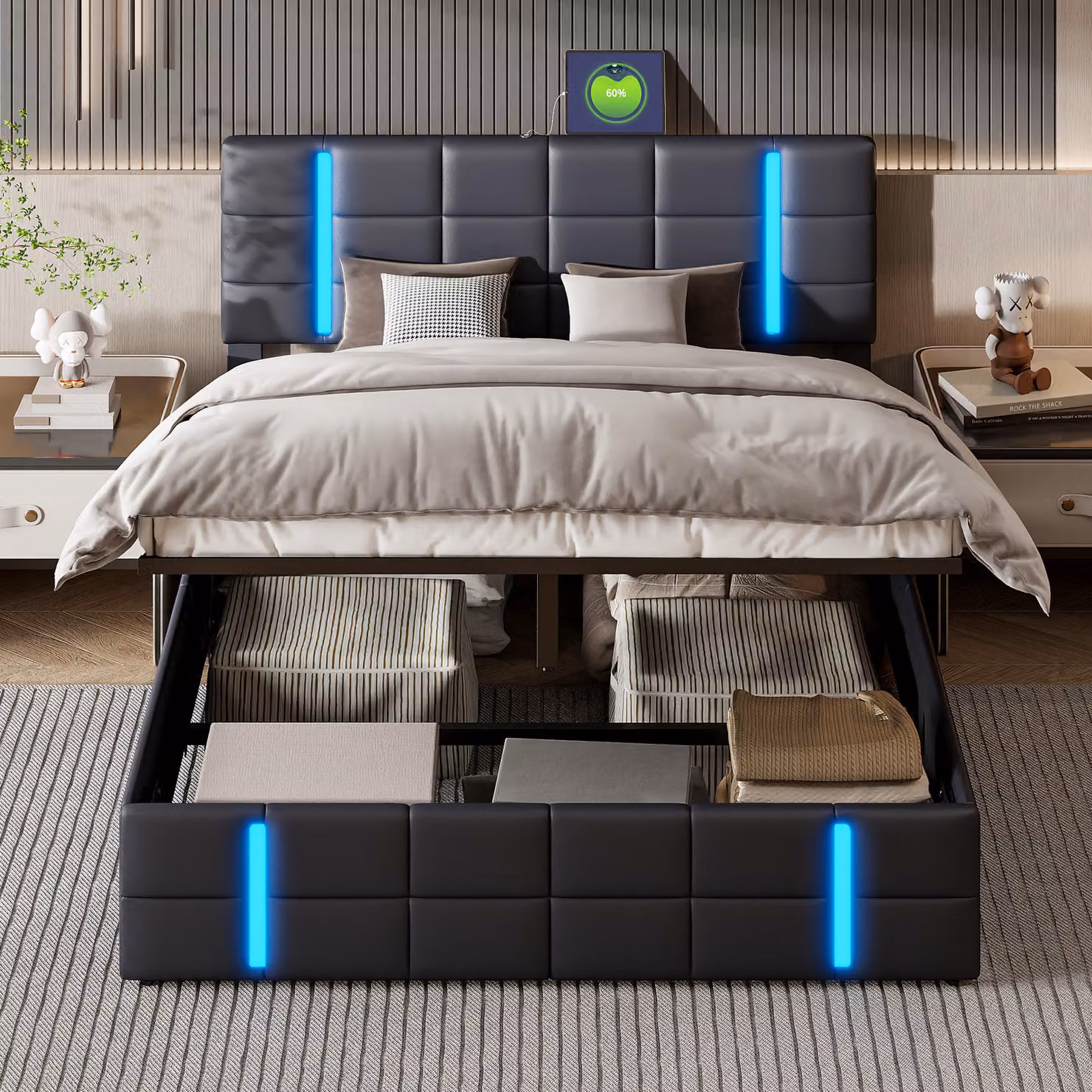 Letto matrimoniale imbottito 140 x 200 cm con illuminazione LED regolabile, spazio per riporre oggetti, connessione per la ricarica, nero