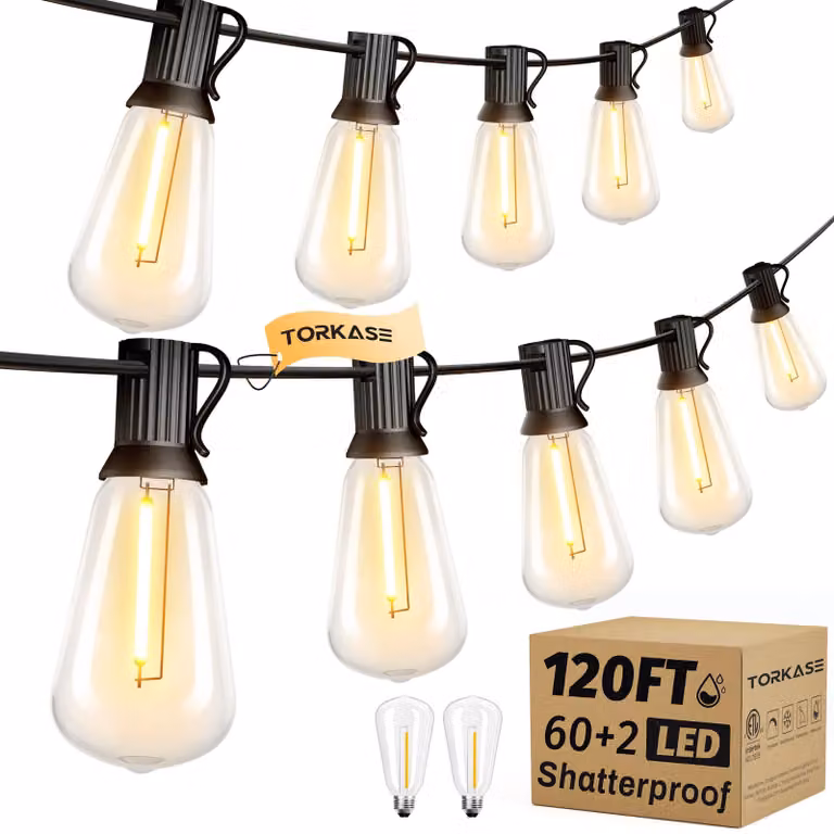 Catena luminosa a LED, lunghezza 36,5 metri, 60+2 lampadine ST38, luce bianco caldo, grado di protezione IP54