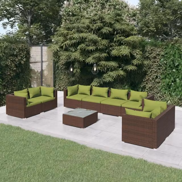 Set di divani da giardino vidaXL in rattan marrone e verde con 9 pezzi, inclusi cuscini e tavolino da caffè – 1