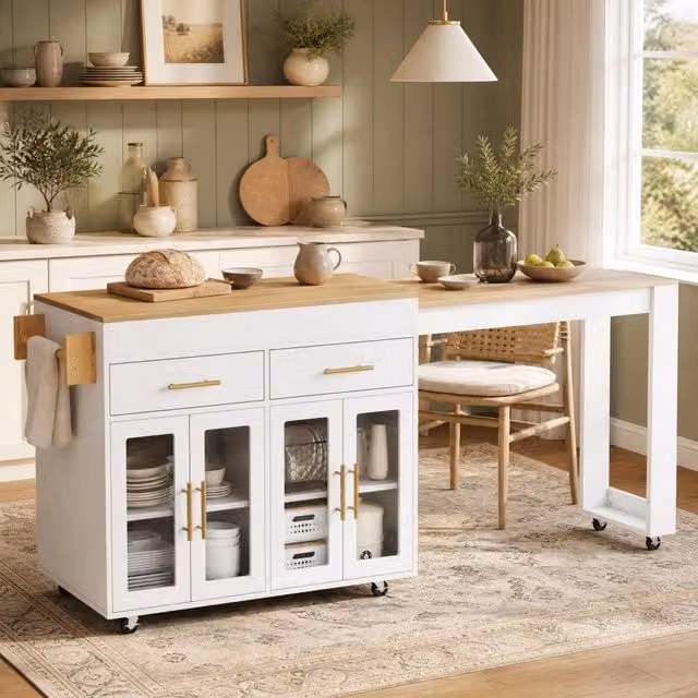 Isola da cucina estraibile REDOM moderna in MDF bianco con piano in vetro e metallo L: 132,5-217 cm, P: 50 cm, H: 93 cm