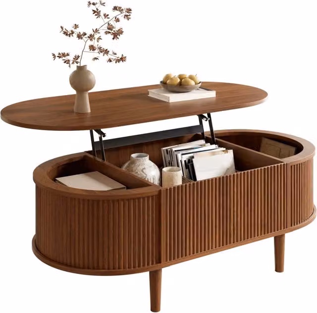 Tavolino da salotto ovale con piano elevabile e vano contenitore diviso, in MDF e pino, noce, 100 × 48 × 54.5 cm