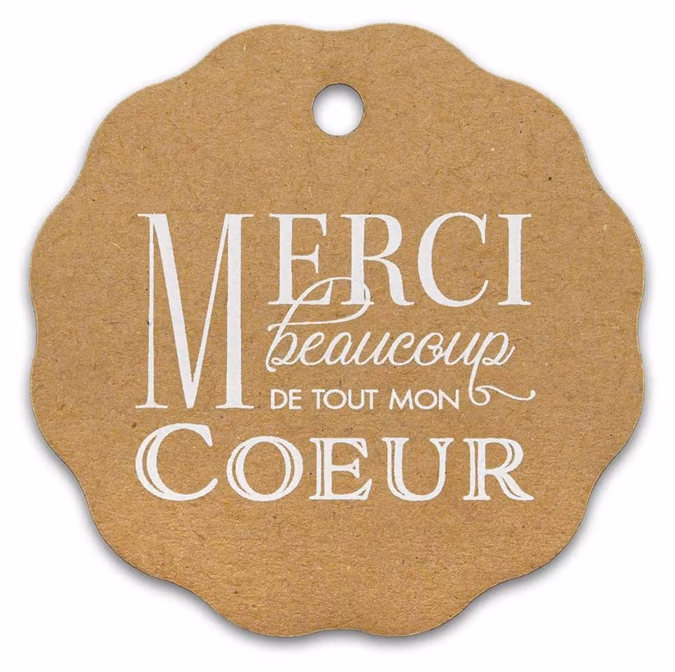 50 etichette "Braune Kraft Merci Beaucoup", forma a conchiglia, 49 mm