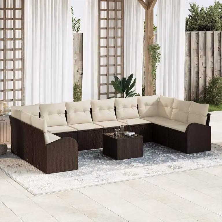 Set Divano da Giardino vidaXL 11 Pezzi a Forma di U in Polyrattan Marrone e Beige con Tavolino e Cuscini
