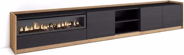 Mobile TV Soggiorno, 310x50x37 cm, Per TV fino a 80", Camino elettrico, Nero e rovere