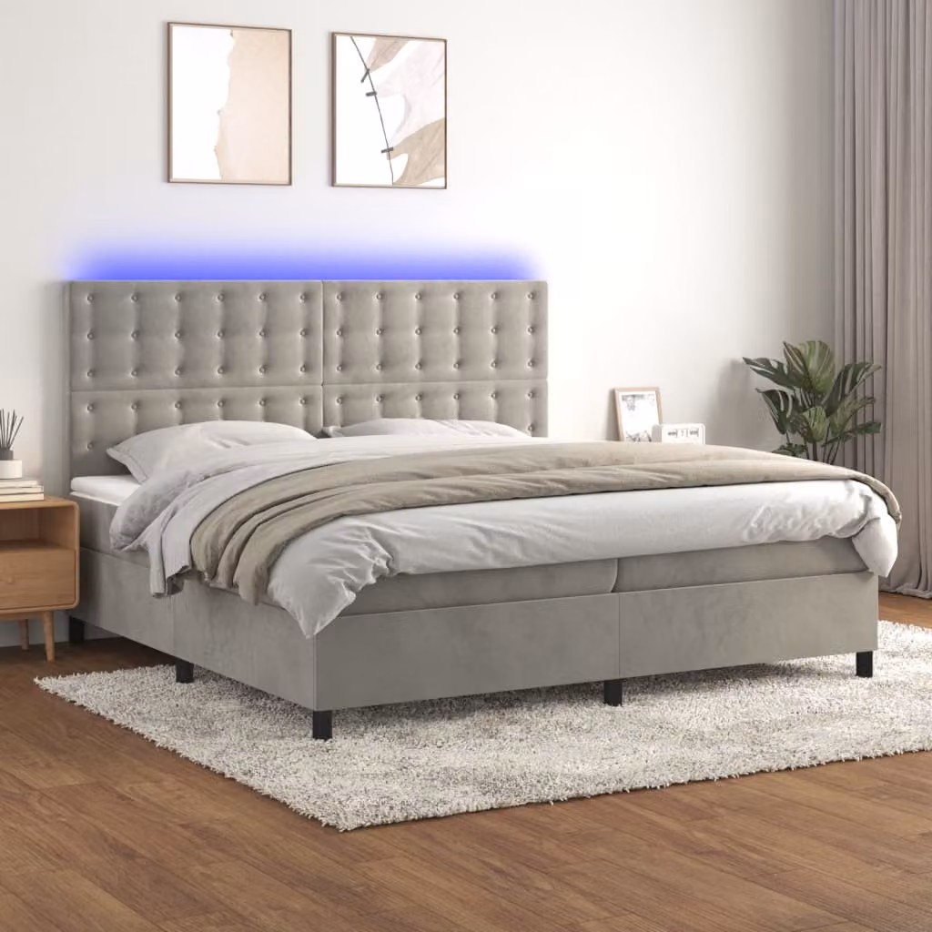 Letto Ibrido con Materasso e Illuminazione LED vidaXL in Velluto Grigio Chiaro L: 200 cm, P: 200 cm, H: 203 cm – 1