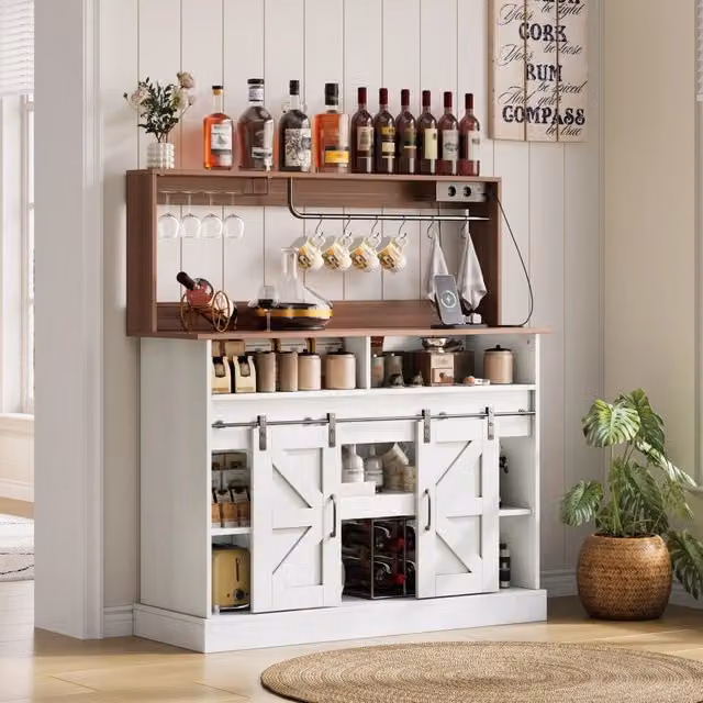Credenza da cucina con porte scorrevoli prese e supporto bicchieri MDF bianco e naturale 120 × 40 × 130 cm