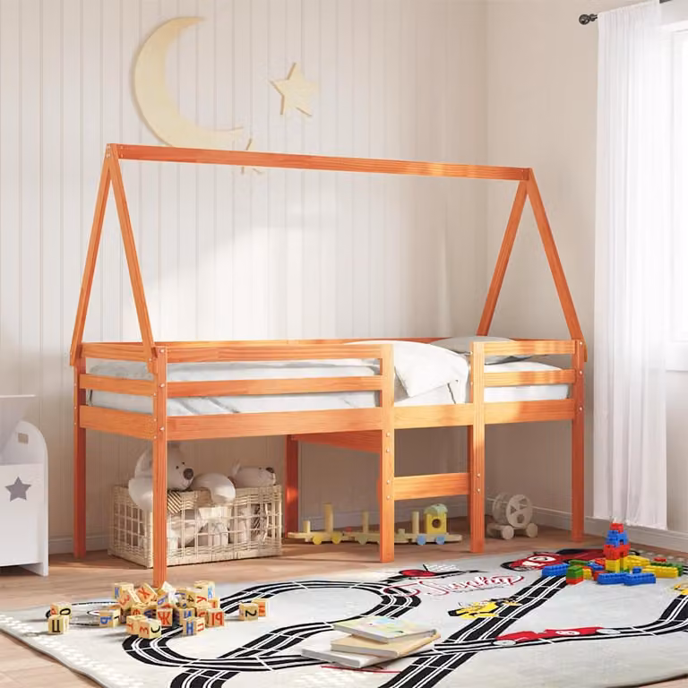Letto a tetto per bambini vidaXL in legno massello di pino, colore marrone cera, L: 199 cm, P: 80,5 cm, H: 88 cm