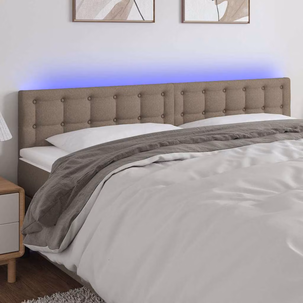 Testiera per letto vidaXL in tessuto tortora con illuminazione LED e porta USB, L: 160 cm, P: 5 cm, H: 78-88 cm