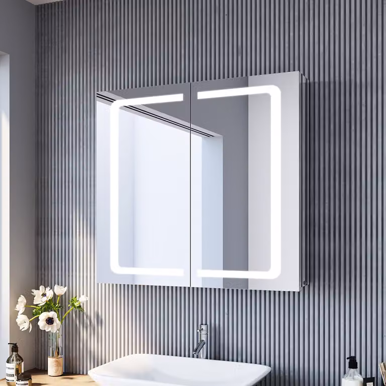 SONNI armadietti a specchio con ante a battente in acciaio inox LED 70x65x13cm con interruttore a levetta e presa per rasoio