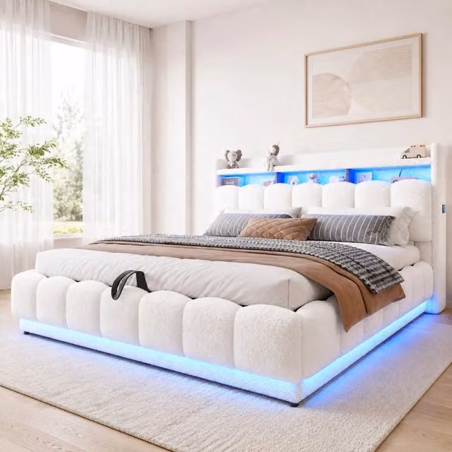 Letto imbottito matrimoniale 180x200 cm con contenitore idraulico; LED e USB; bianco