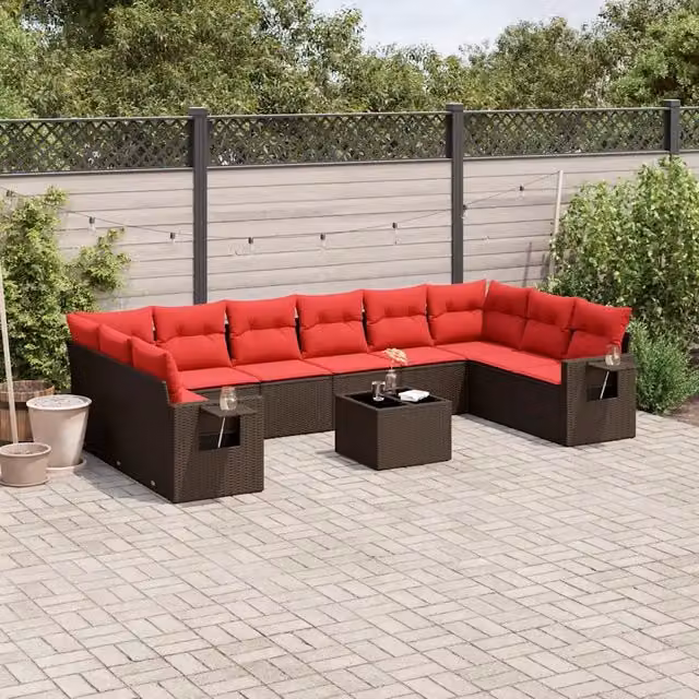 Set Divani da Giardino 11 pz con Cuscini Marrone in Polyrattan 3220683