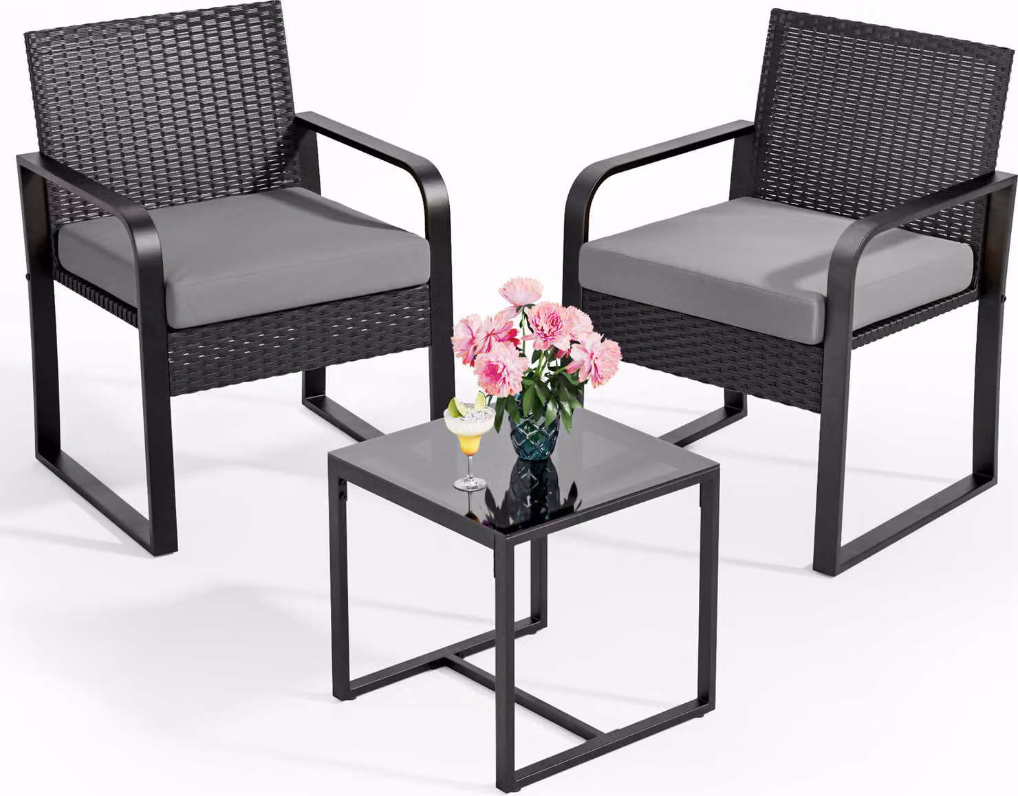 Set di mobili da giardino BEALIFE, composto da 3 pezzi, realizzato in rattan di polietilene | 2 poltrone e un tavolo, ideali per balcone e giardino, modello WR212