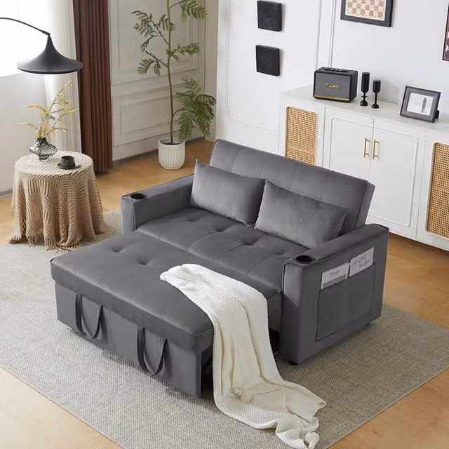 Divano letto 2 posti - Xylo - Grigio - Portabicchieri e cuscini