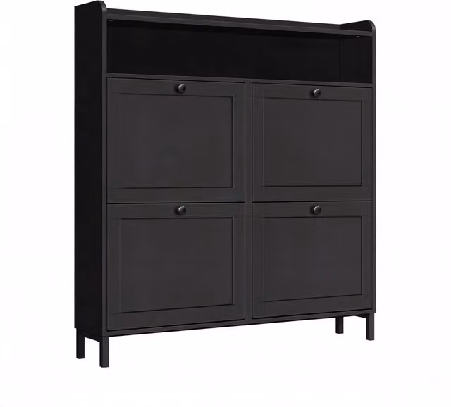 Scarpiera moderna per ingresso con 4 ante ribaltabili e ripiano, in metallo e MDF nero, L: 100 cm, P: 19,5 cm, H: 107 cm