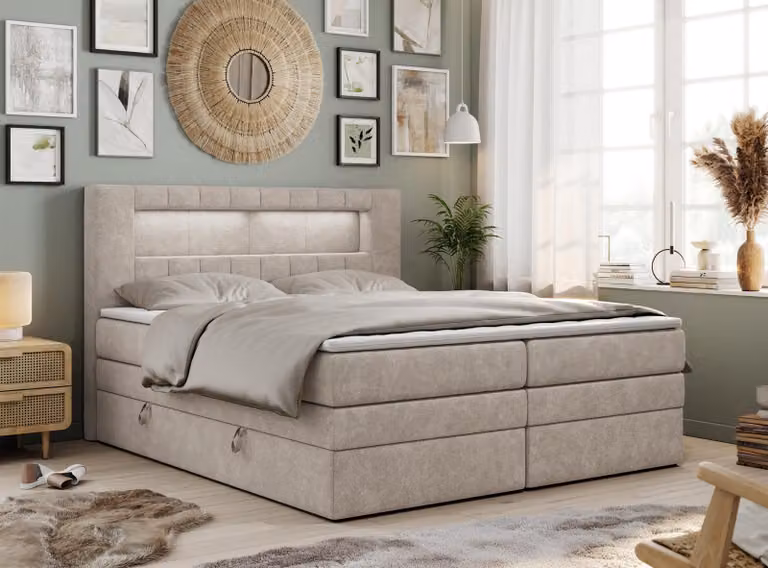 Letto boxspring con testiera LED e topper - GOLD-5-KING - 160x200 cm - Beige - Rigido (H4)