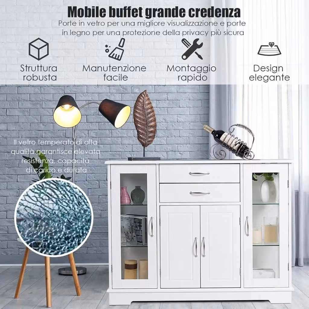 Costway Credenza Moderna con Ante in Vetro e 2 Cassetti, Armadietto per Cucina e Salone, L/P/H: 107 x 30 x 82 cm, Bianco o Grigio – 2