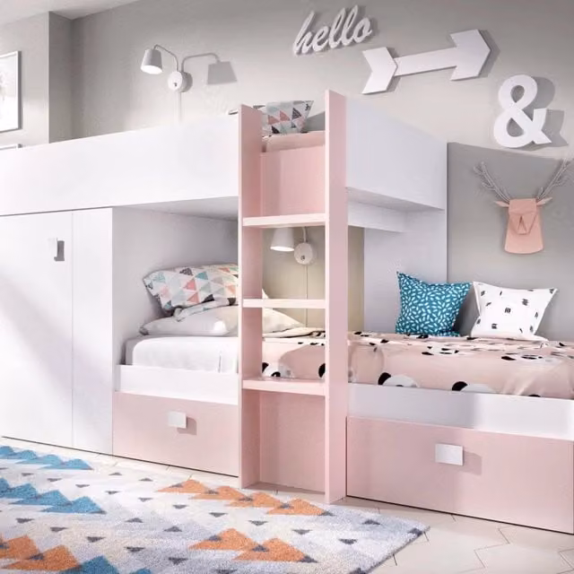 Cameretta completa per bambini Araba DMORA con letto a castello, armadio e cassetti, Bianco e Rosa, L: 271 cm, P: 111 cm, H: 150 cm