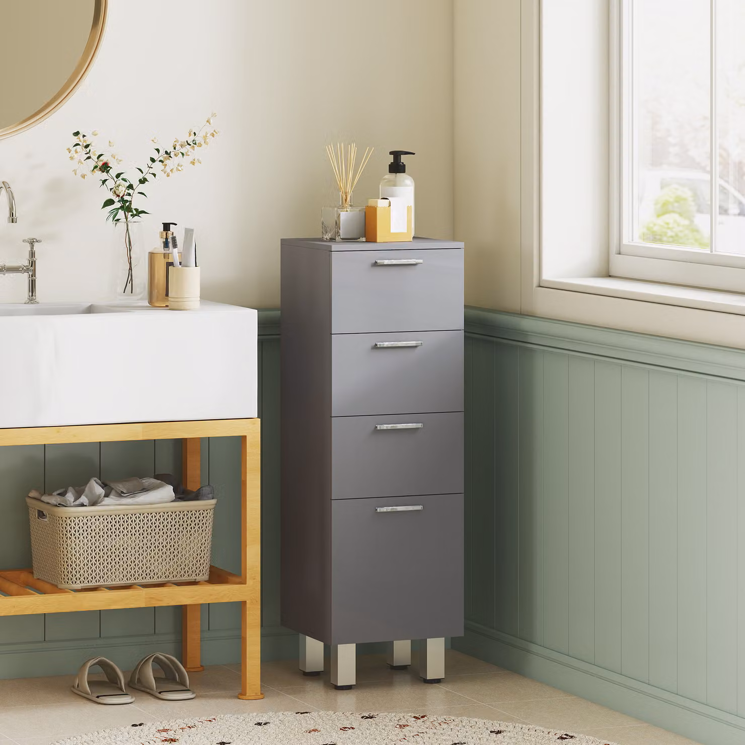 Mobile da bagno kleankin con 4 cassetti in legno e piedini regolabili, grigio – 2