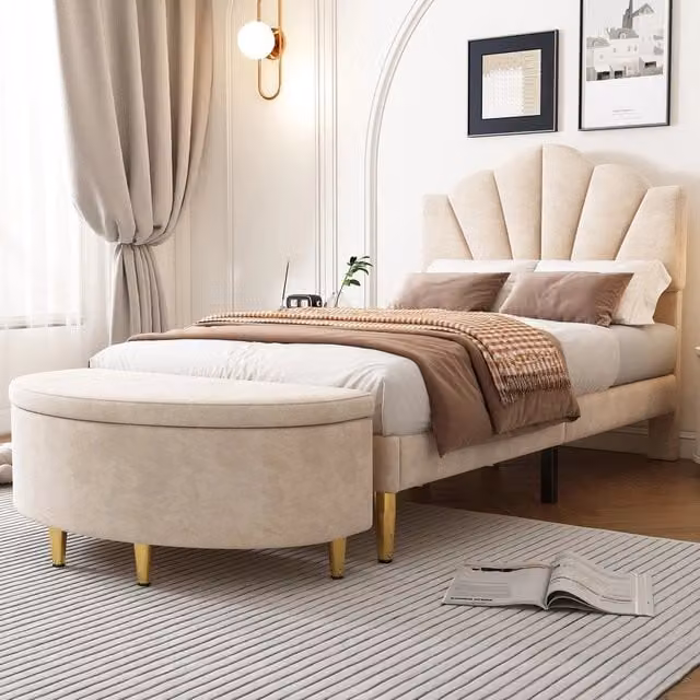 Letto imbottito velluto beige testiera regolabile ¨C Minimal ¨C 90x200 cm, gambe in acciaio dorato, rete a doghe, panca contenitore