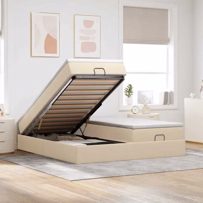 vidaXL Struttura Letto con Contenitore a Sollevamento e Materasso in Tessuto Beige e Bianco, L/P/H: 160 x 200 x 23,5 cm