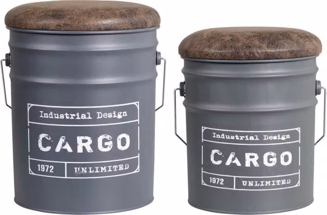 Set di 2 Pouff cilindrici Casa Collection in metallo e similpelle colore grigio, L/P/H: 31 x 31 x 35 cm e 25,5 x 25,5 x 26,5 cm