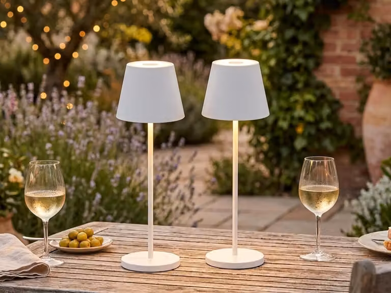 Set da 2 lampade da tavolo ricaricabili da esterno, bianche, senza cavi, con porta USB e base di ricarica