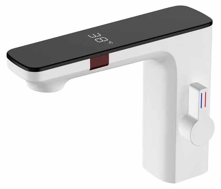 Rubinetto per lavabo con sensore e display digitale, miscelatore senza contatto per acqua calda e fredda (bianco)