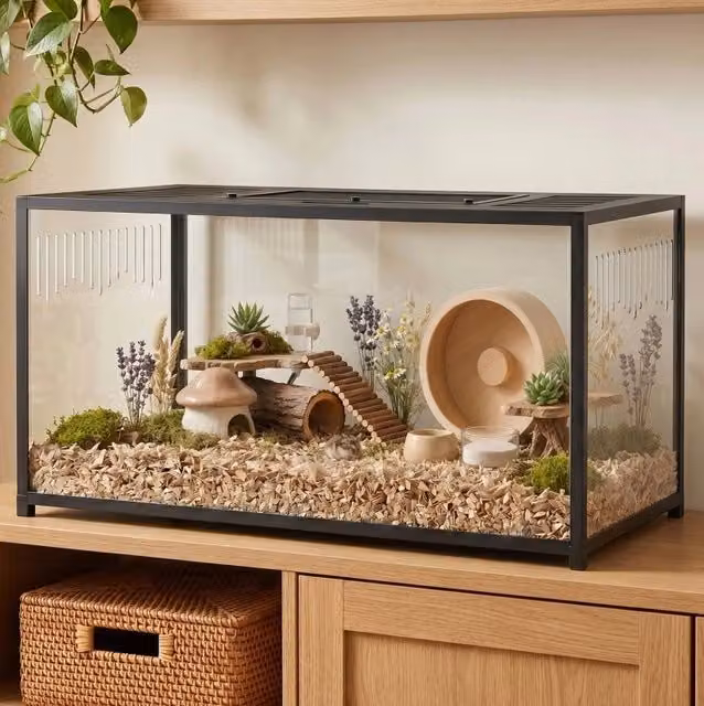 Gabbia per criceti 100x50x52,5 cm in alluminio e acrilico con coperchio apribile e doppia porta